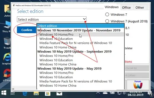 Wählen Sie die Version von Windows aus, die Sie herunterladen möchten